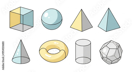 Geometric Shapes Collection - Cube, Sphere, Pyramid, Cone, Torus, Cylinder, Icosahedron.