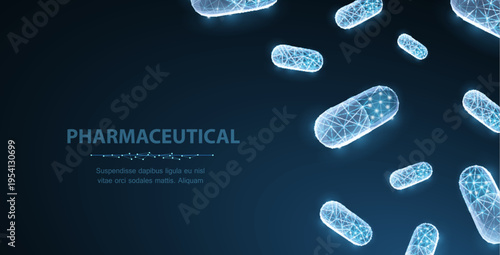Glowing pharmaceutical capsules on blue background. Medical technology, healthcare science, drug research, biotech medicine, pharmacy innovation, future treatment concept. 3D illustration