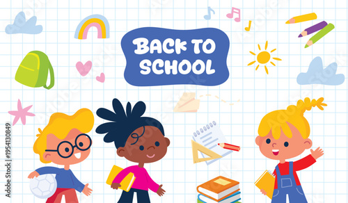 Back to school flyer with group of diverse children. New school year celebration concept. Beginning of the academic year, school fair with school supplies, school-themed design. Flat vector characters