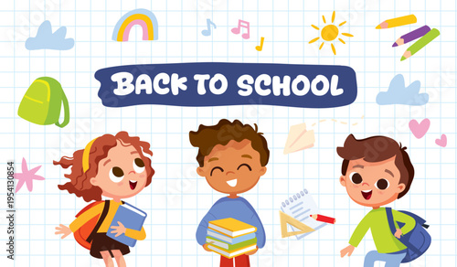 New school year celebration concept. Beginning of academic year. Back to school flyer with group of diverse children. School fair with school supplies, school-themed design. Flat vector illustration