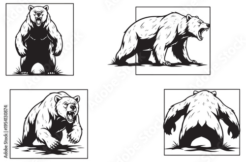Fierce grizzly bear illustrations with roaring mouth and aggressive stance inside frames for sports mascot logos and strong team branding or aggressive animal print merchandise