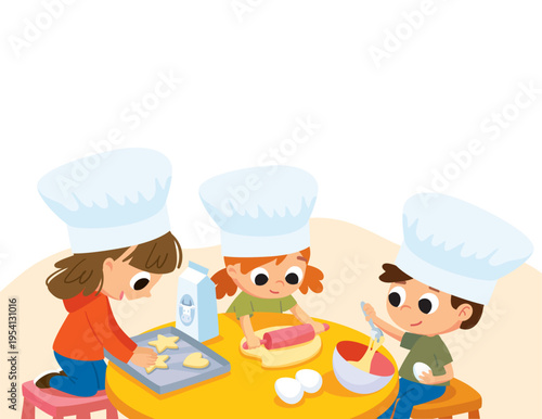 Little girls and boys in chef's hats, three children, preparing christmas cookies on round table. They making and rolling out dough, cutting out  cookies and put them on a baking sheet. Baking cookies