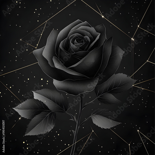 A dark, geometric background featuring black rose and leaves, creating a modern, elegant aesthetic Black Rose with Geometric Patterns, Generative AI
