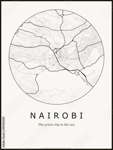 Nairobi city map poster design. Street map art of Nairobi Kenya. Black and white minimalist road network with downtown district for wall art home decor printable urban cartography. monochrome