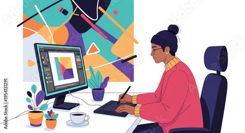 Digital Artist at Work - Focused Woman Creating Art on Computer.