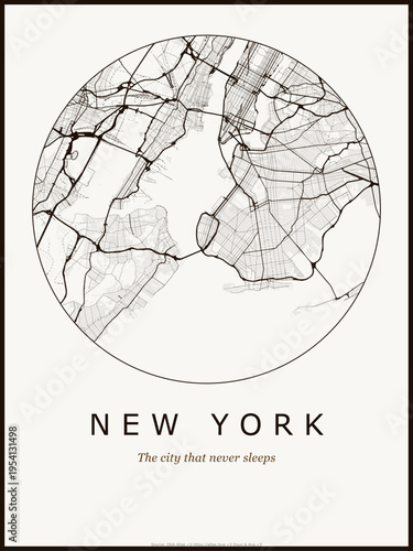 New York city map poster design. Street map art of New York United States. Black and white minimalist road network with downtown district for wall art home decor printable urban cartography.