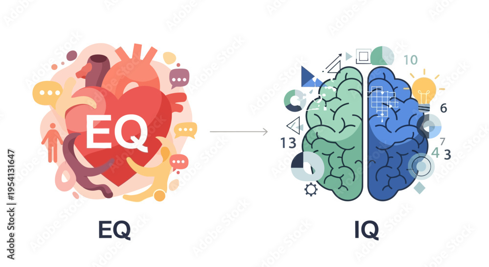 © Erin - Emotional Intelligence (EQ) vs. Intellectual Quotient (IQ) Concept. Heart representing EQ with emotions, brain representing IQ with logic, analytics. Personal Development. © Erin - Emotional Intelligence (EQ) vs. Intellectual Quotient (IQ) Concept. Heart representing EQ with emotions, brain representing IQ with logic, analytics. Personal Development.