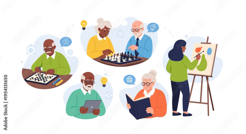 Fototapeta premium Active Seniors Enjoying Hobbies & Mental Stimulation: Elderly People Reading, Playing Chess, Puzzles & Painting for Healthy Aging