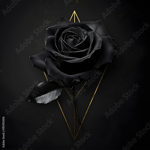 A dark, geometric background featuring black rose and leaves, creating a modern, elegant aesthetic Black Rose with Geometric Patterns, Generative AI
