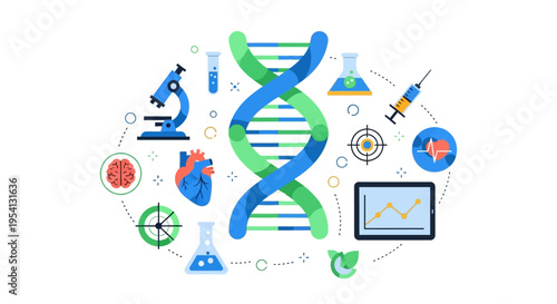 DNA Genetic Science & Medical Research Concept. Biotechnology, Healthcare, and Modern Medicine Illustration with Lab Equipment and Human Organs.