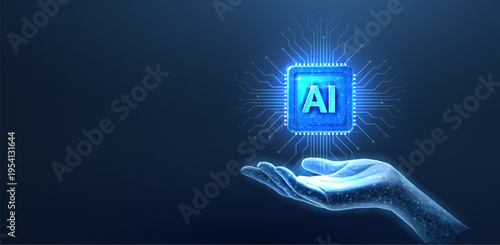 Glowing AI cube floating above digital hand. Artificial intelligence, machine learning, smart automation, data computing, innovation system, future technology concept. Vector illustration.