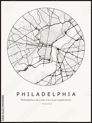 Philadelphia city map poster design. Street map art of Philadelphia United States. Black and white minimalist road network with downtown district for wall art home decor printable urban cartography.