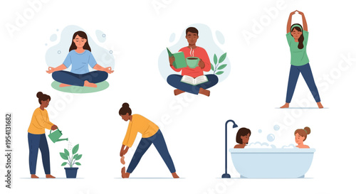 Diverse People Practicing Self-Care, Wellness & Mindfulness: Relaxation Activities Flat Vector