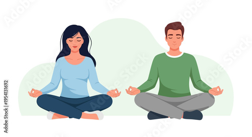 Couple Meditating in Lotus Pose: Mindfulness, Stress Relief, and Inner Peace. Yoga and Mental Wellness Vector Illustration.