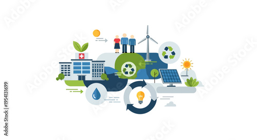 Sustainable City Living & Green Energy Concept. Eco-Friendly Healthcare, Renewable Power, Recycling, and Community for a Better Future.