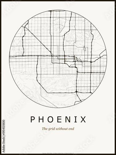 Phoenix city map poster design. Street map art of Phoenix United States. Black and white minimalist road network with downtown district for wall art home decor printable urban cartography. monochrome