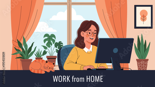 Happy young woman works from home on her computer in a cozy room filled with plants and a sleeping cat by the window.