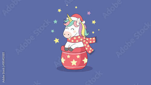 Festive unicorn wearing a santa hat and scarf sits inside a star-patterned pot surrounded by colorful floating stars.