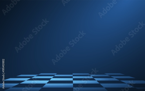 Empty blue studio background with checkered floor perspective. Presentation stage, product display, abstract platform, futuristic room, showroom template concept. Vector illustration.