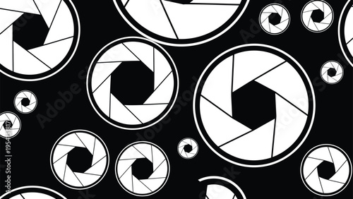Modern pattern of various camera shutter apertures on a black background is ideal for photography and creative media projects.