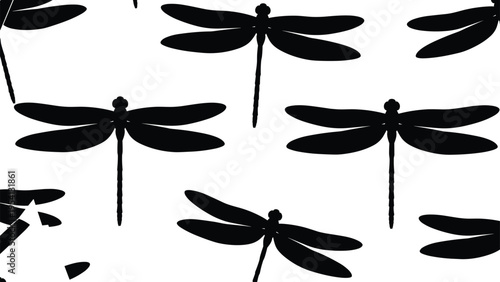 Abstract pattern of black dragonfly silhouettes on a white background creates a dynamic and modern nature-inspired design.