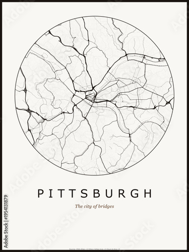 Pittsburgh city map poster design. Street map art of Pittsburgh United States. Black and white minimalist road network with downtown district for wall art home decor printable urban cartography.