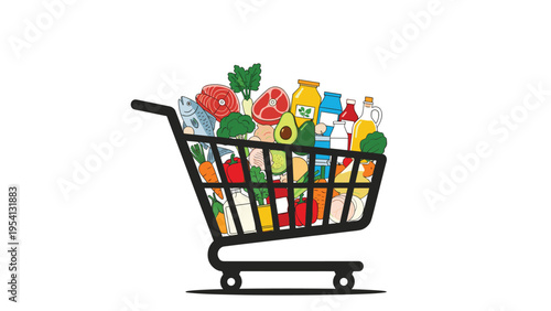 Full shopping cart filled with fresh fruits, vegetables, meat, fish, and dairy products represents healthy food choices.