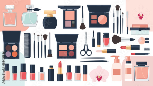 Wide collection of makeup and cosmetic products including lipstick, brushes, palettes, and perfume bottles for beauty care.