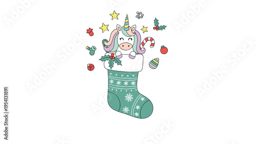 Adorable unicorn peeks out from a festive green christmas stocking surrounded by stars, ornaments, and holiday treats.