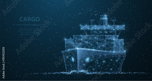 Holographic cargo ship on blue background. Maritime transport, global shipping, freight logistics, ocean delivery, commercial trade, supply chain technology concept. Vector illustration.