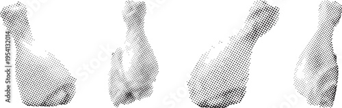 Four abstract shapes in a halftone dot pattern against a clean white background