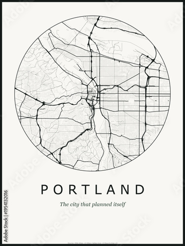 Portland city map poster design. Street map art of Portland United States. Black and white minimalist road network with downtown district for wall art home decor printable urban cartography.