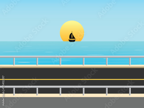 Minimalist coastal road vector illustration with sea view, sunset sun and sailboat on horizon, creative flat design for travel background, summer vacation banner and scenic landscape poster.