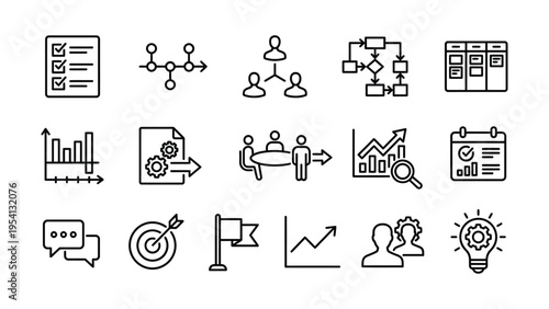 Hand-drawn icons for business, strategy, planning, and project management - vector graphics, task board