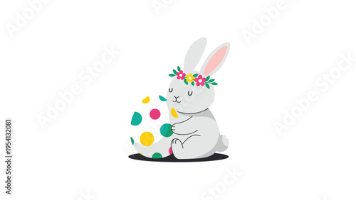 Adorable easter bunny sitting and holding a large colorful polka dot egg is a perfect illustration for spring holidays.