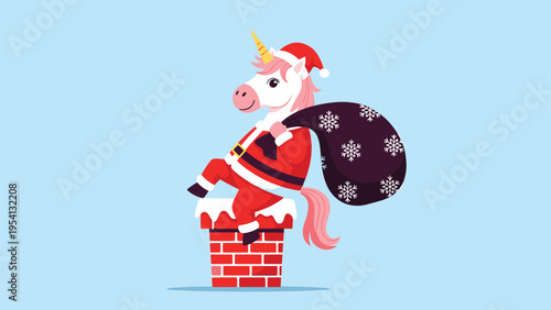Playful unicorn dressed as santa claus climbs into a brick chimney with a large bag of gifts on a blue winter sky.