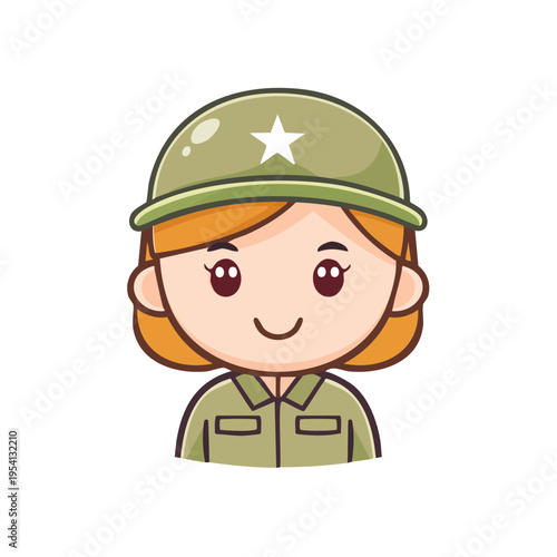 A cute cartoon female soldier with a green helmet and uniform