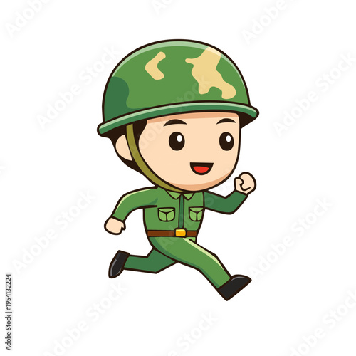 A cartoon of a soldier running, dressed in uniform. The illustration portrays a cheerful and determined character