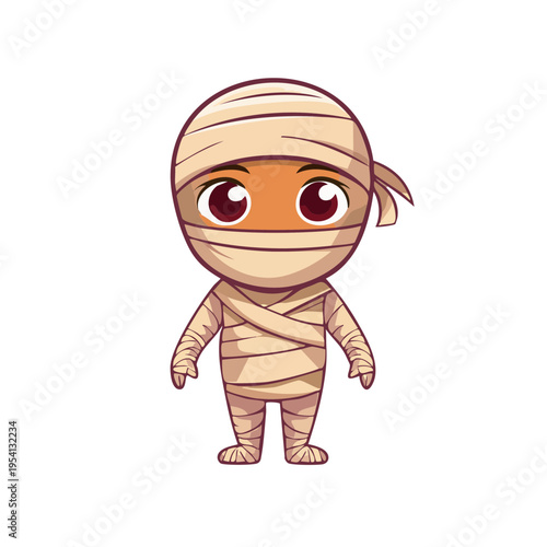A cartoon mummy character standing. The character is wrapped in bandages from head to toe, and features large eyes and a friendly expression.