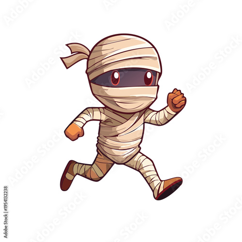 A running mummy cartoon character with a bandage around his head