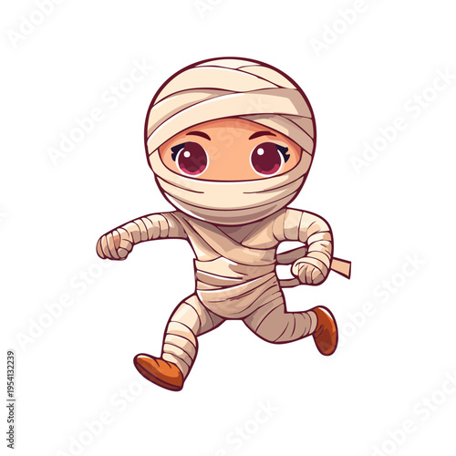 A cartoon illustration of a mummy character running. The character is wrapped in bandages