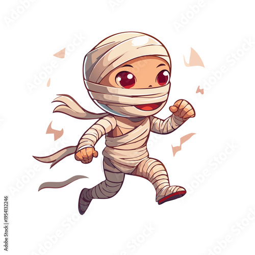 A mummy cartoon character running happily, wrapped in bandages, perfect for Halloween themes 