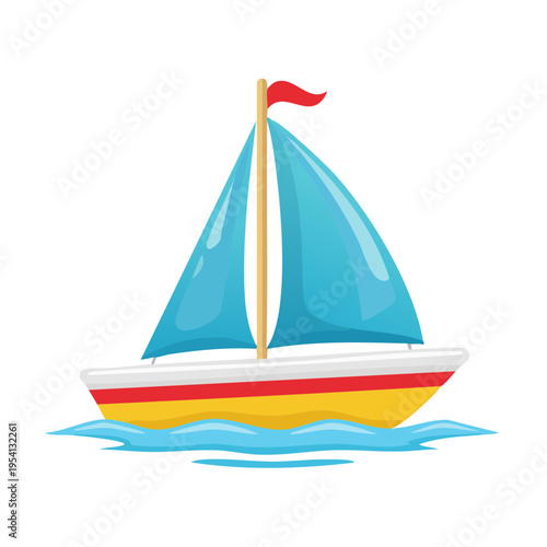 A vibrant illustration of a sailboat sailing on the water with a blue sail and red flag