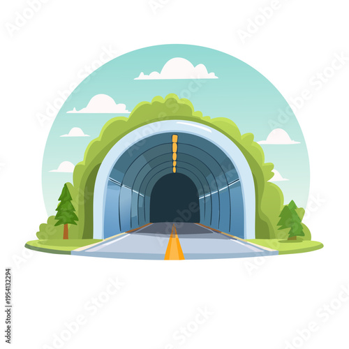 Illustration of a tunnel with an inviting road, surrounded by trees and a bright sky