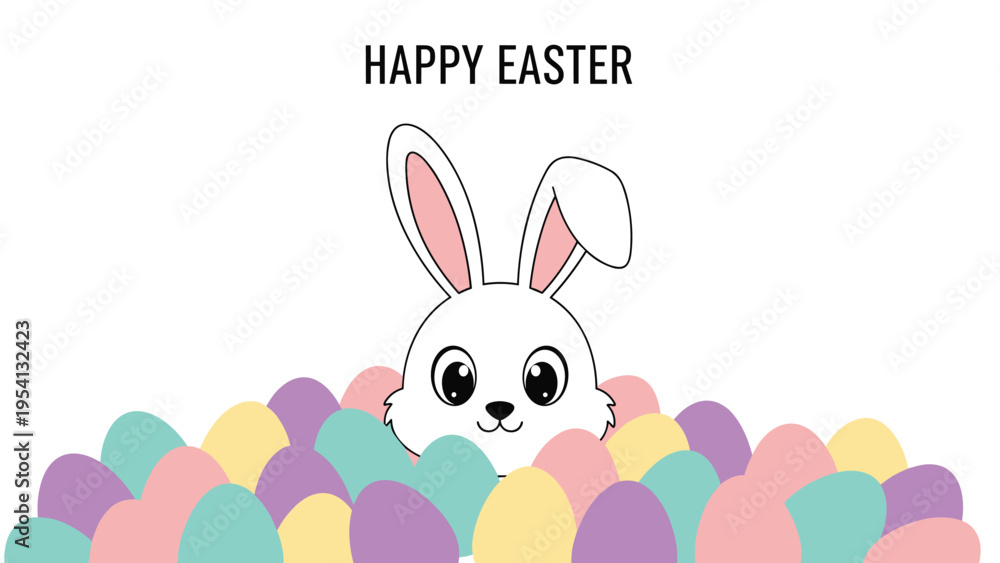 Obraz premium Happy Easter greeting card showing a cute white rabbit peeking out from behind a pile of colorful decorated eggs.