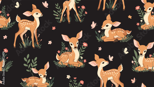 Seamless pattern featuring adorable spotted fawns and delicate pink butterflies on a dark background for fabric design.