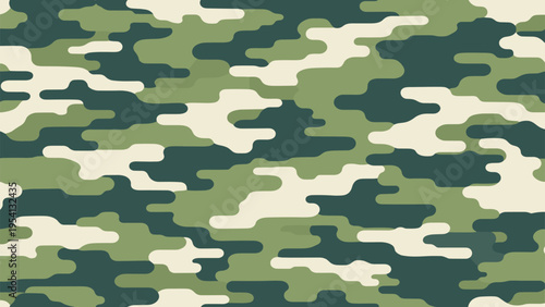 Seamless military camouflage texture pattern in various shades of green and tan for tactical and outdoor clothing designs.