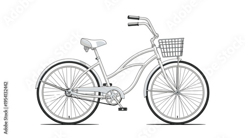 Minimalist line drawing of a classic cruiser bicycle with a front basket and chain guard isolated on a white background.