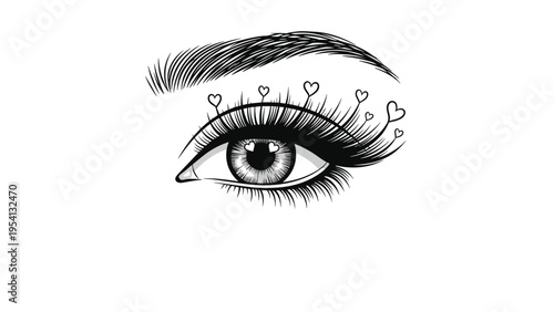 Creative illustration of a female eye with long eyelashes adorned with small floating hearts for beauty and romance.