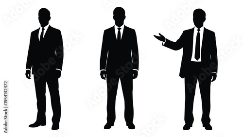 Three black silhouettes of businessmen in suits on a white background